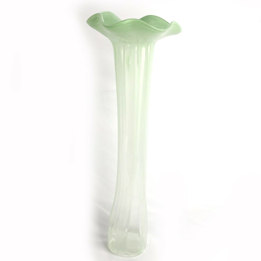 Hand Blown Studio Art Glass Swung Stretch Vase Celadon Green Large 19"